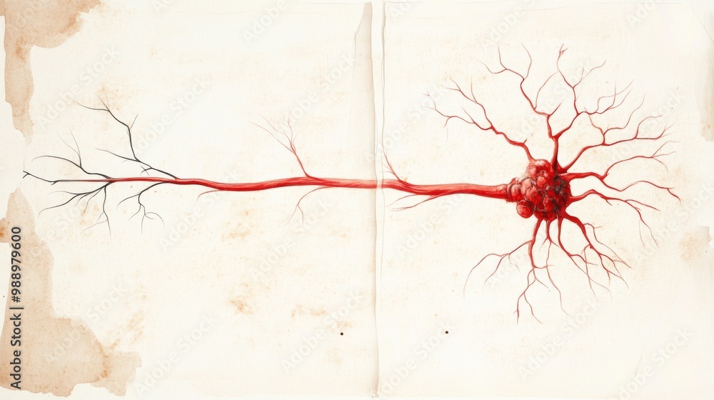 Poster intricate red neural network displaying cellular connectivity and communication