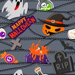 Obraz premium Halloween seamless pattern - creepy pumpkin lanterns with scary faces, traditional holiday halloween symbols ,seamless texture
