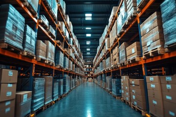 Warehouse Interior with Rows of Palletized Boxes
