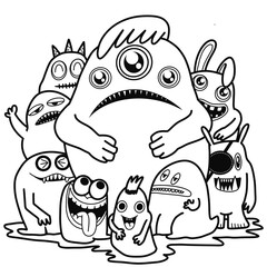 Hand-drawn illustrations, monsters doodle, Hand Drawn cartoon monster illustration,Cartoon crowd doodle hand-drawn Doodle style.black and white stripes coloring  book.