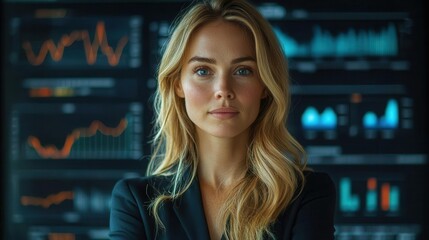 confident businesswoman presenting to colleagues using large interactive screen modern conference room engaged audience data visualization professional attire empowered female leadership