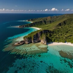Aerial view of a serene coastline where the turquoise waters lap gently against the rocks, surrounded by vibrant greenery and towering cliffs that drop into the crystal-clear sea
