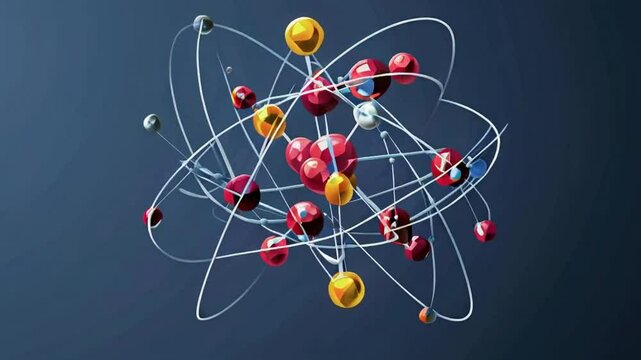A 3D representation of an atom with protons, neutrons, and electrons.