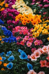 A rainbow of vibrant flowers arranged symmetrically in a garden bed. 
