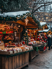 A festive outdoor market with stalls selling holiday treats, gifts, and hot beverages.A Christmas market full of decorations and festive food