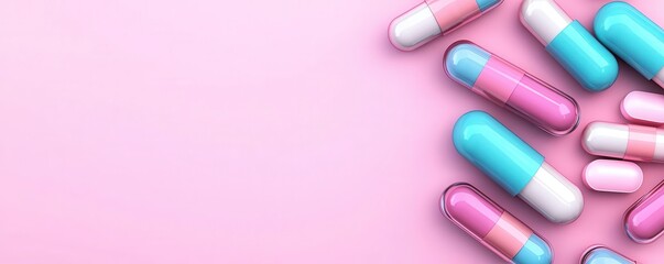 Geometric 3D supplements with metallic finish, vibrant color scheme, modern healthcare aesthetic