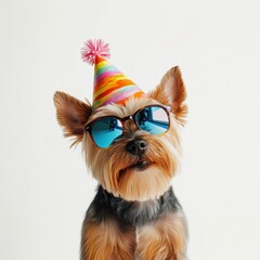 Yorkshire Terrier wearing party hat