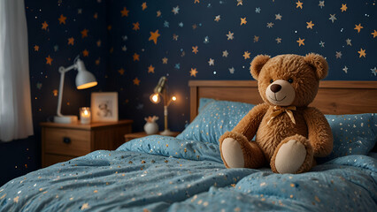 Teddy bear snuggled in a blanket on a cozy bed in a warm, relaxing setting.