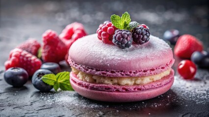 Delicious lilac macaroon filled with fresh berries and cream, topped with frozen raspberries, currants, blackberries, and powdered sugar