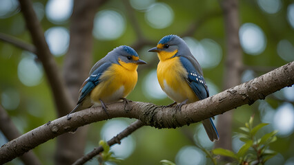 Two cute birds perched on a tree branch 