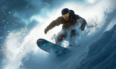 Fototapeta premium Snowboard - mężczyzna zjeżdżający z góry na desce snowboardowej.