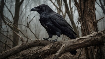 Fototapeta premium A black crow is perched on a tree branch