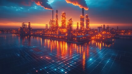 Obraz premium Oil and gas industry facility depicted in a digital format, with illuminated blue network lines linking different componen