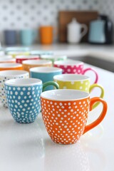 A row of brightly painted mugs placed symmetrically on a white countertop.