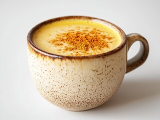 Vegan Turmeric Latte in Ceramic Cup with Spiced Powder Topping on White Background
