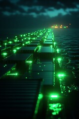 Glowing cargo containers on water at night, beautiful illumination