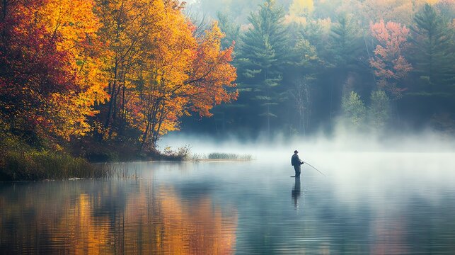 A man fishing on a calm lake in the forest.