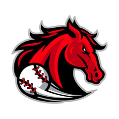 Red Horse Mascot Holding Baseball, Sport Logo Design.