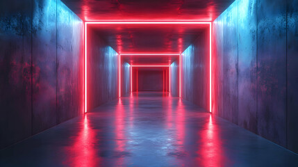 Neon Lights in a Concrete Corridor 3D Illustration