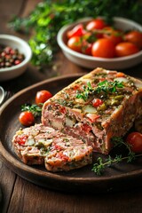  Terrine: A pâté-like dish made from ground meats, vegetables, or fish, served cold in slices.