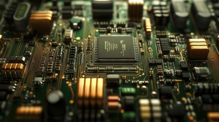 A detailed view of a circuit boards microprocessor and surrounding components, with the boards metallic traces clearly visible.