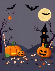 Halloween Background with Moon, Candy, Pumpkins, Bats, and Spooky Elements