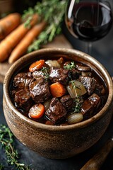 Fototapeta premium Boeuf Bourguignon: A hearty stew of beef braised in red wine, often with mushrooms, onions, and carrots.