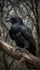 Fototapeta premium A black crow is perched on a tree branch