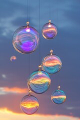 A series of floating, glowing orbs, each a different vibrant color, suspended in the sky, representing isolated yet vivid thoughts suspended in time 
