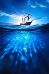 Obraz premium Sailing ship silhouetted against a vibrant blue ocean sunset.