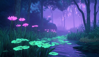Fototapeta premium Serene waterway with glowing lilies in a mystical forest.