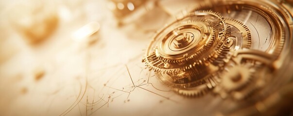 Steampunk gears, intricate design, warm golden tones.