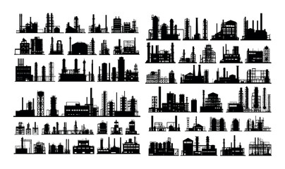 Obraz premium Factories silhouettes black ink vector set. Pipes industrial structures buildings assembly energy stations manufacturing construction production power plants, chemical heavy facilities isolated icons