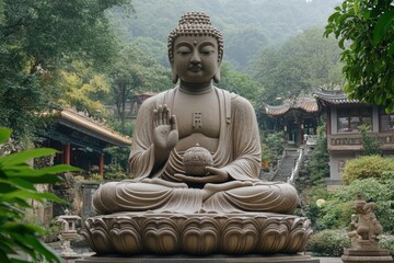 Large stone buddha statue sitting peacefully in a lush garden temple