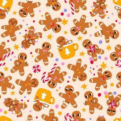 Funny gingerbread man cookies characters with candy in cartoon style, Christmas holiday symbols, seamless pattern illustration