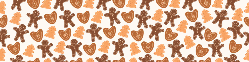 Fototapeta premium Vector seamless pattern with gingerbread cookies. Cute design for Christmas packaging, textile, wallpapers and backgrounds.