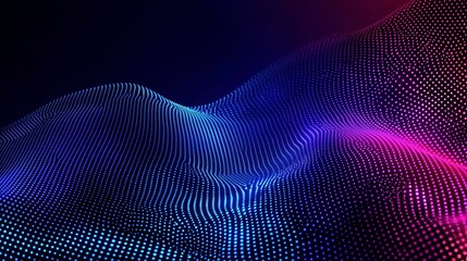 gradient backdrop featuring blue and purple dots, enhanced by a digital wave line effect, embodying a futuristic technology aesthetic. This abstract wavy pattern of luminous particles dances 
