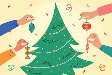 Flat vector illustration human hands decorating Christmas tree at home or office. Teamwork, corporate party. Preparation for New Year.