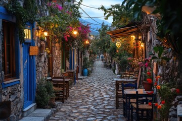 Fototapeta premium Cobblestone street with restaurants and shops at dusk in a small greek village