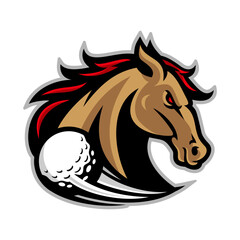 Horse head sports mascot with golf ball and club for team or club.