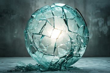A shattered glass globe with a soft light glowing from within, representing the fragility of mental boundaries or breaking free 