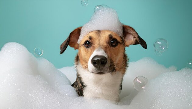 dog takes a bubble bath