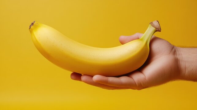 A hand holding a banana in front of yellow background, AI - Powered by Adobe