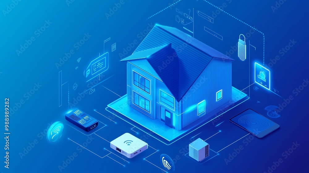 Poster modern smart home technology with connected devices visualized in a blue-toned digital concept showc