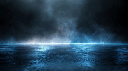 An empty dark street with wet asphalt showcases reflections of light glistening in the water, set against an abstract deep blue backdrop filled with smoke and smog