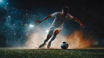 A soccer player kicks the ball down the field at night.