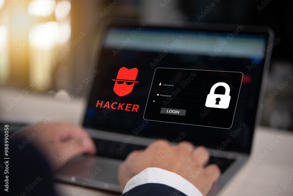 Poster cybersecurity concept with hacker icon and login screen on laptop
