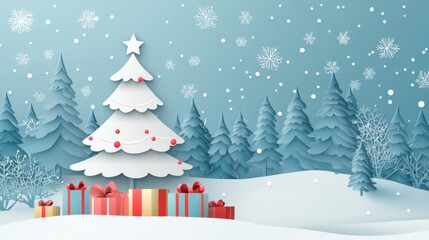 Paper Cut Christmas Tree with Gifts and Snowy Forest