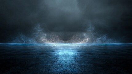 An empty dark street with wet asphalt showcases reflections of light glistening in the water, set against an abstract deep blue backdrop filled with smoke and smog