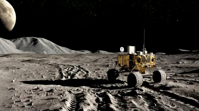 A lunar rover on the moon's surface, exploring the desolate landscape under a starry sky.